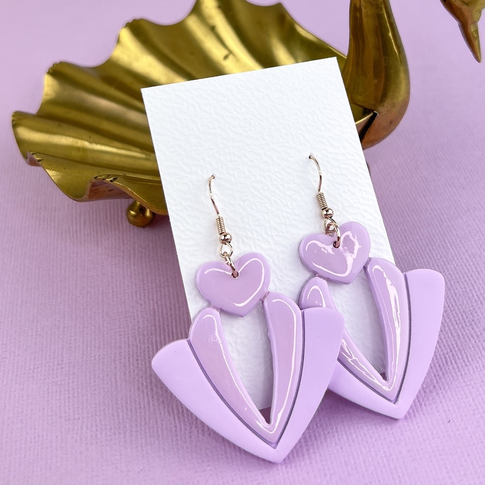 Purple Heart Polymer Clay Art Deco Style Earrings Handmade